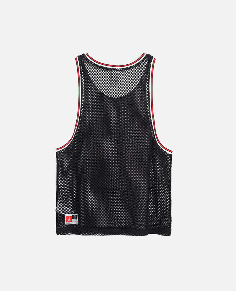 Back view of the Nike Jordan x FTY black mesh basketball jersey with red and white trim.