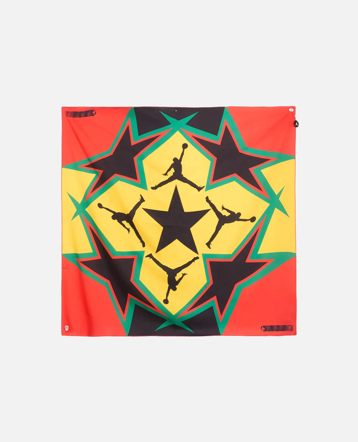 Nike Jordan x FTY scarf featuring a geometric star and Jumpman graphic in red, yellow, green, and black.