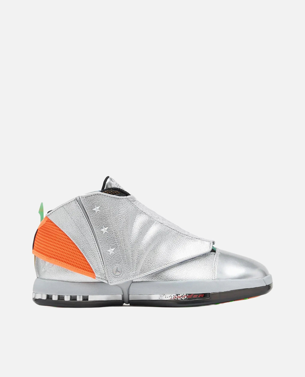 Side view of the Air Jordan 16 x Free The Youth SP sneaker in metallic silver leather with orange mesh accents.