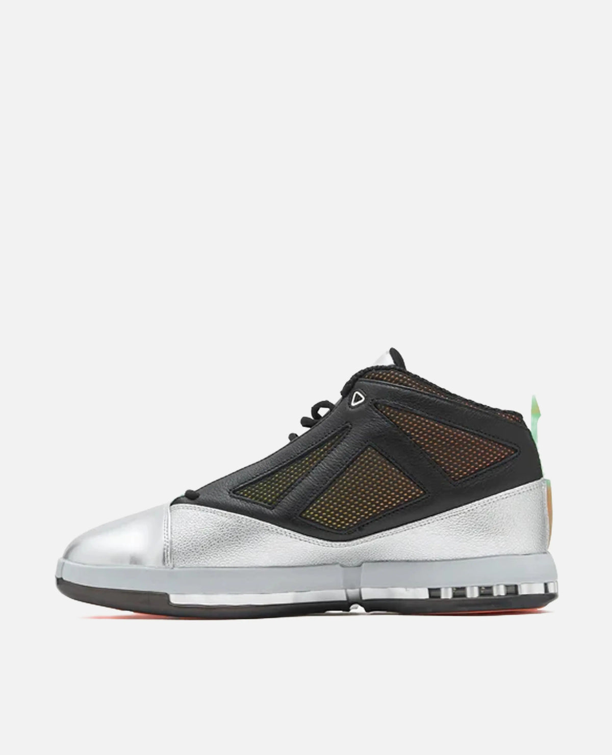 Side profile of the Air Jordan 16 x Free The Youth SP sneaker in metallic silver and black leather.