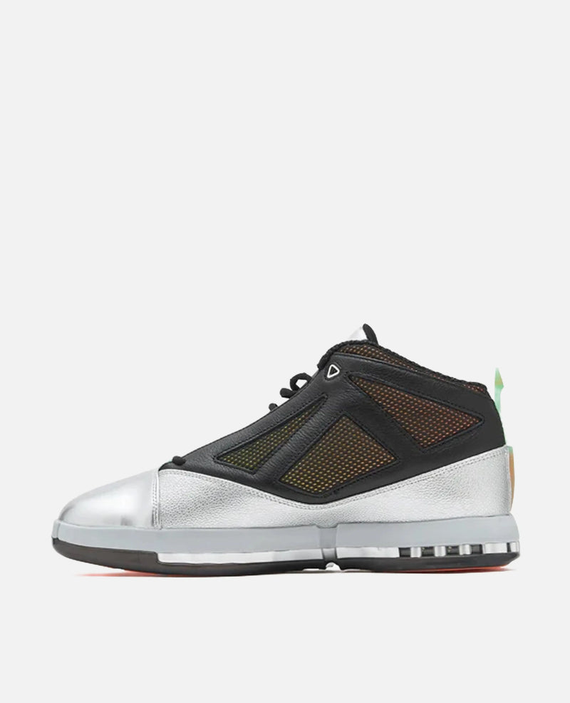Side profile of the Air Jordan 16 x Free The Youth SP sneaker in metallic silver and black leather.