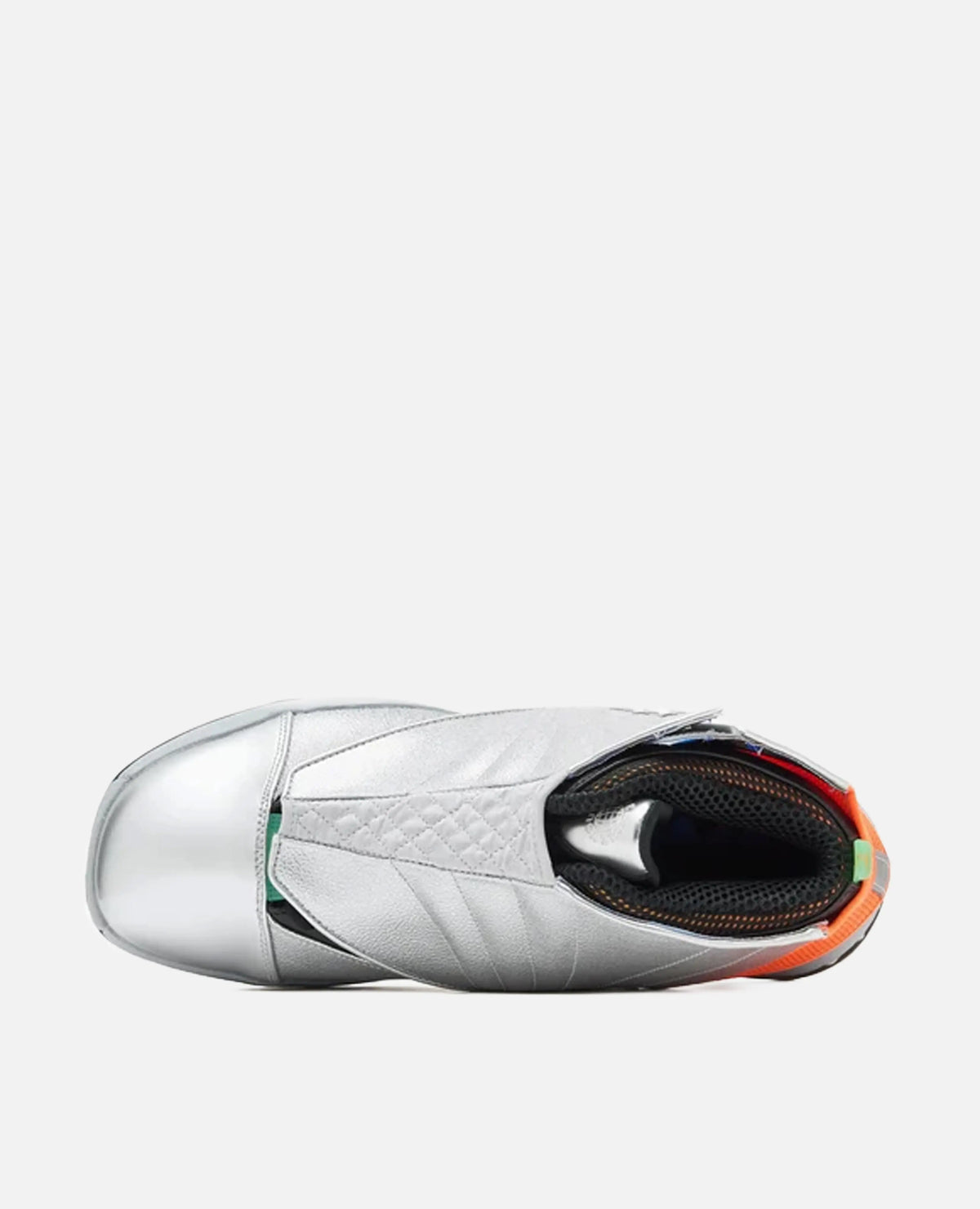 Top-down view of the Air Jordan 16 x Free The Youth SP sneaker in metallic silver with shroud closure.