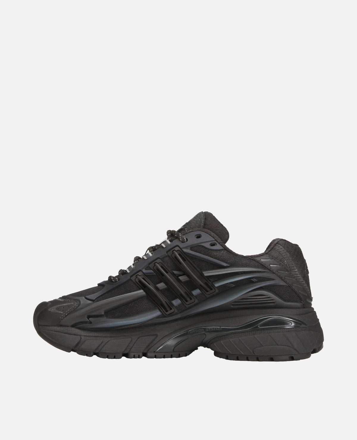 Side profile of the Adidas x Pharrell Williams Adistar Jellyfish sneaker in carbon black.