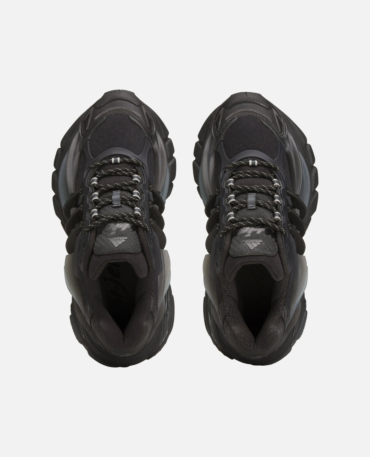 Top-down view of Adidas x Pharrell Williams Adistar Jellyfish sneakers in Carbon black.