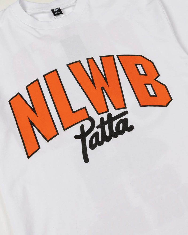 Close-up of the white Patta x NLWB T-shirt showing orange NLWB lettering and black script logo.
