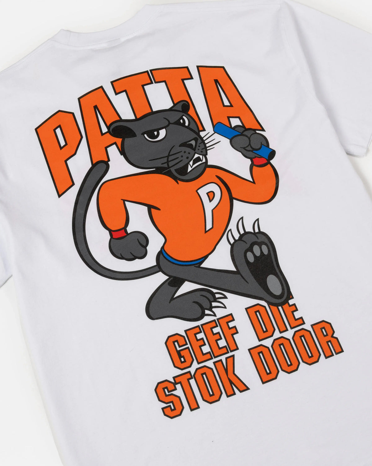 Back graphic print of the Patta x NLWB 15th Anniversary white cotton T-shirt featuring a cartoon panther.