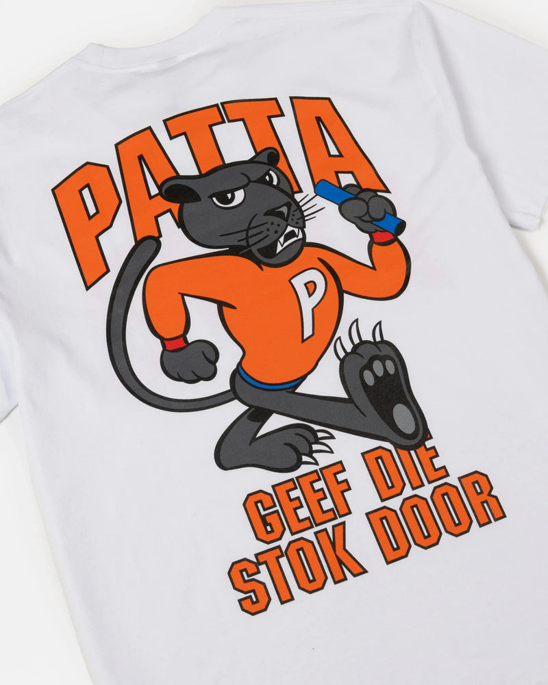 Back graphic print of the Patta x NLWB 15th Anniversary white cotton T-shirt featuring a cartoon panther.