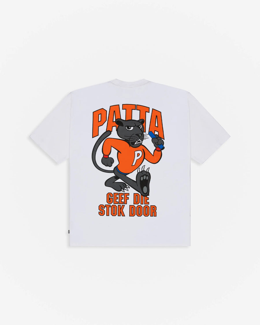Back view of the white Patta x NLWB 15th Anniversary t-shirt with a cartoon panther graphic.