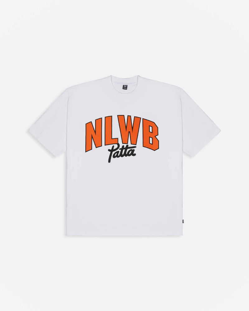 Front view of the white Patta x NLWB 15th Anniversary cotton T-shirt with orange chest print.