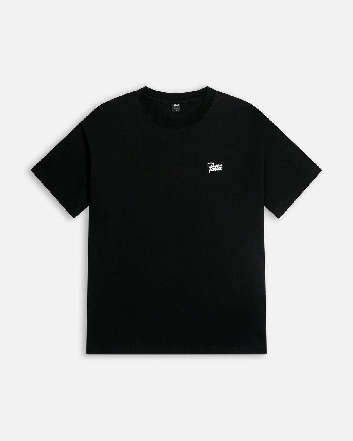Front view of the black Patta Charm cotton T-shirt featuring a white script logo on the chest.