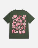 Back of the Patta Charm T-Shirt in Climbing Ivy featuring pink silkscreen charms artwork.