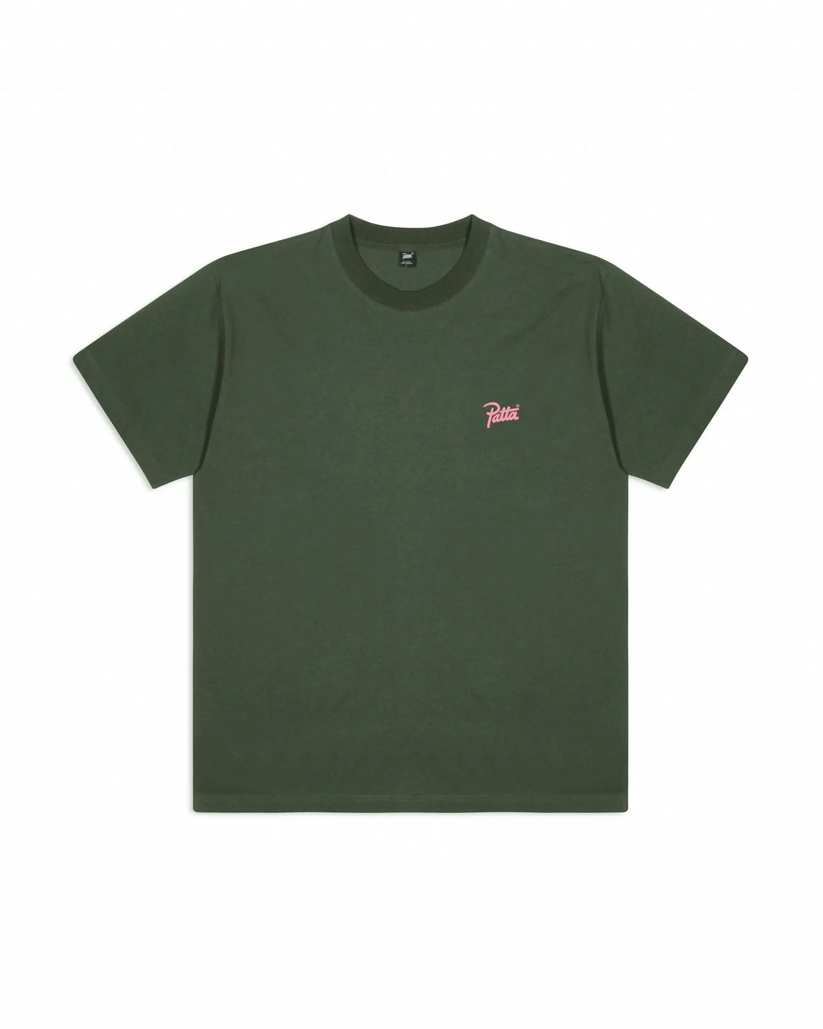 Front view of the Patta Charm T-Shirt in Climbing Ivy green with pink script logo on the chest.
