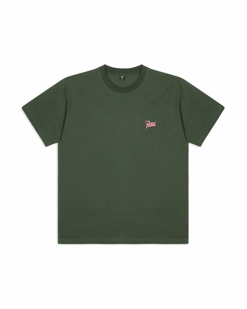Front view of the Patta Charm T-Shirt in Climbing Ivy green with pink script logo on the chest.