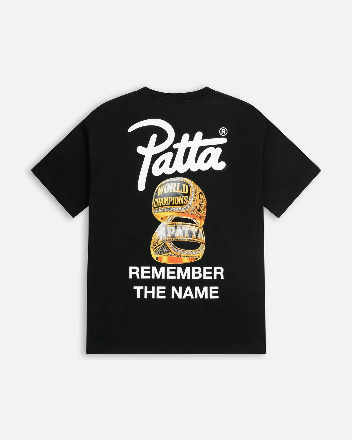 Back view of the black Patta Championship T-Shirt featuring graphic championship rings print.