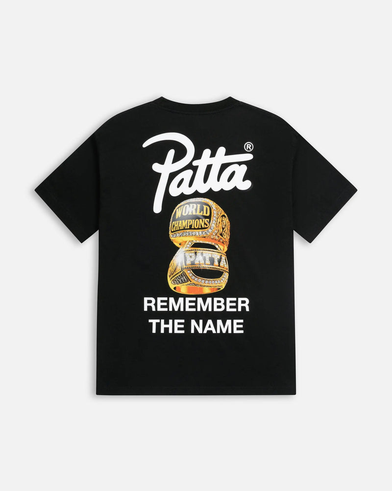 Back view of the black Patta Championship T-Shirt featuring graphic championship rings print.