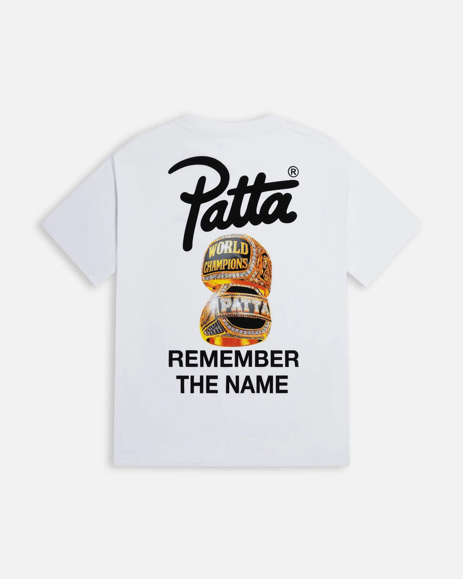 Back view of the white Patta Championship t-shirt with championship rings graphic and script logo.