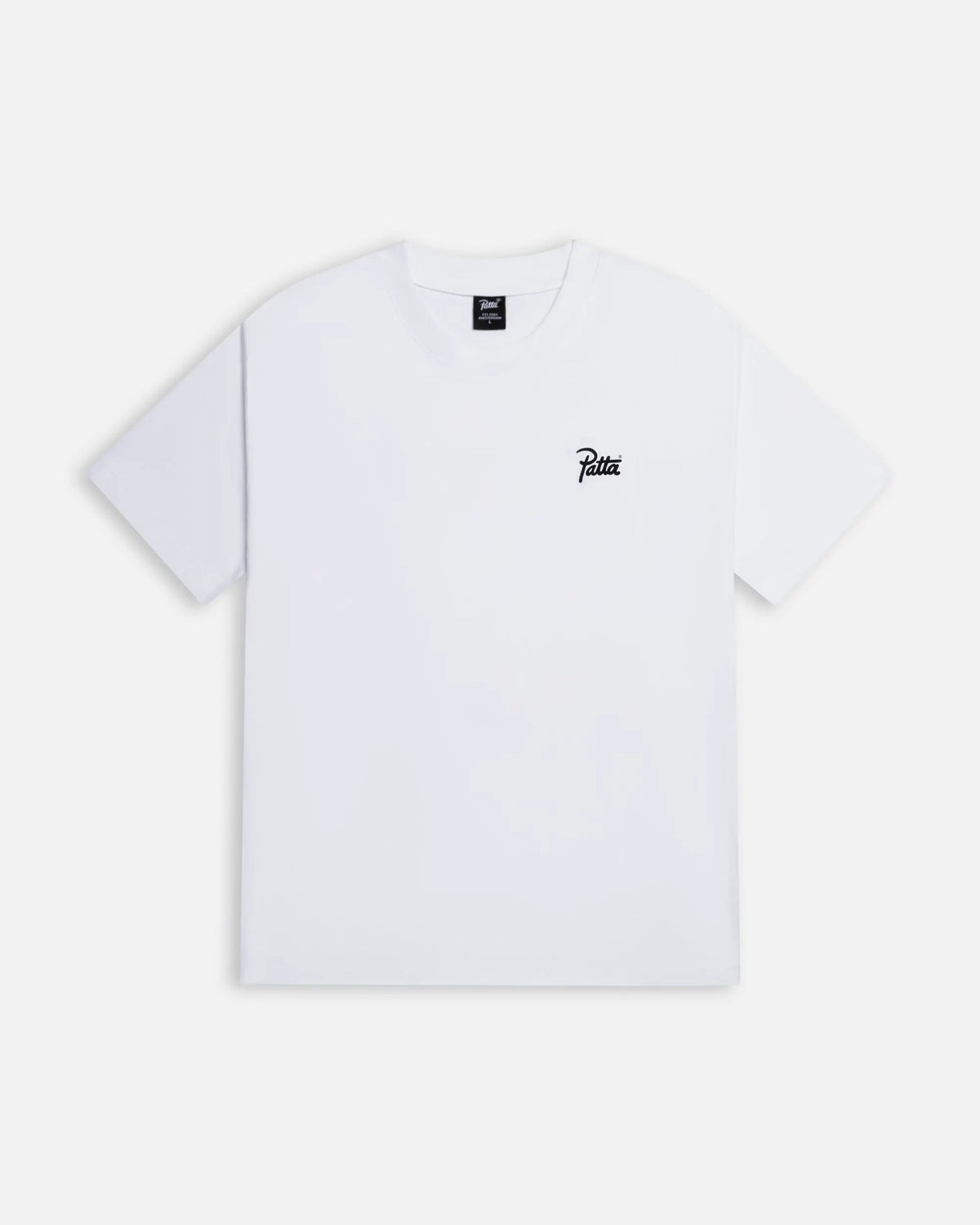 Front view of the Patta Championship T-Shirt in white with a small black script logo on the chest.