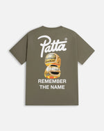 Back view of dusty olive Patta Championship t-shirt with championship rings graphic and script logo.