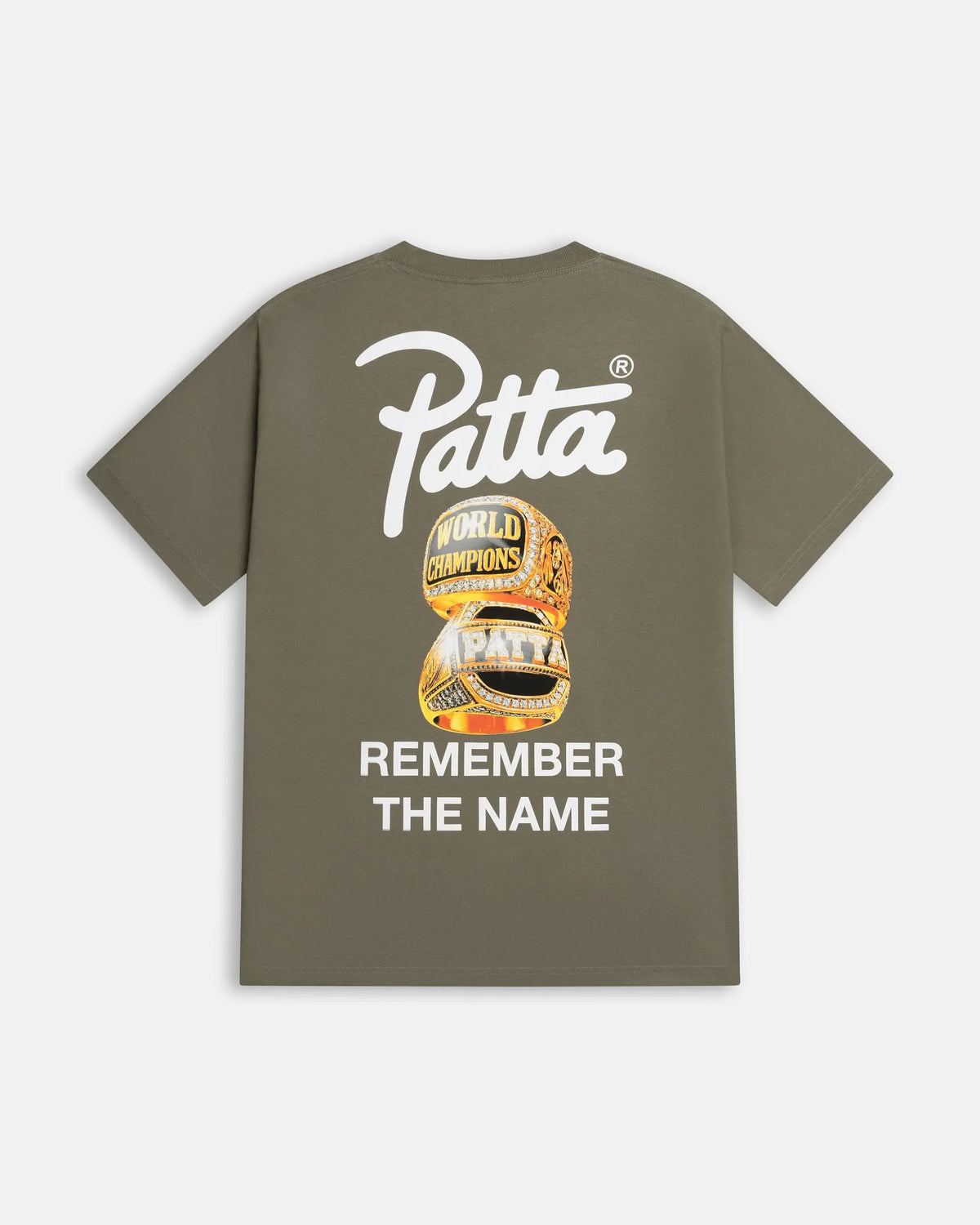 Back view of dusty olive Patta Championship t-shirt with championship rings graphic and script logo.