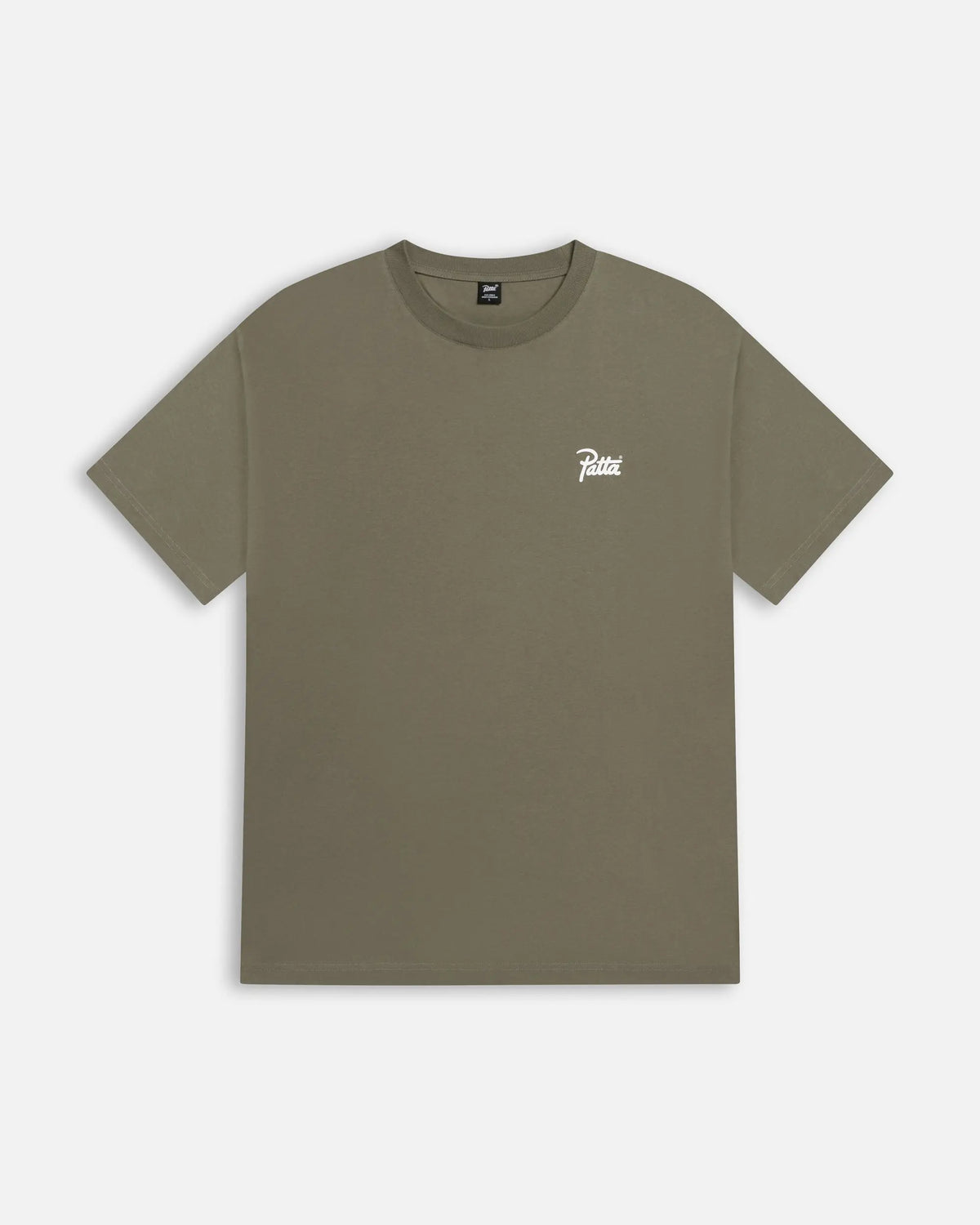 Patta Championship T-Shirt in dusty olive cotton, front view with a white script logo on the chest.