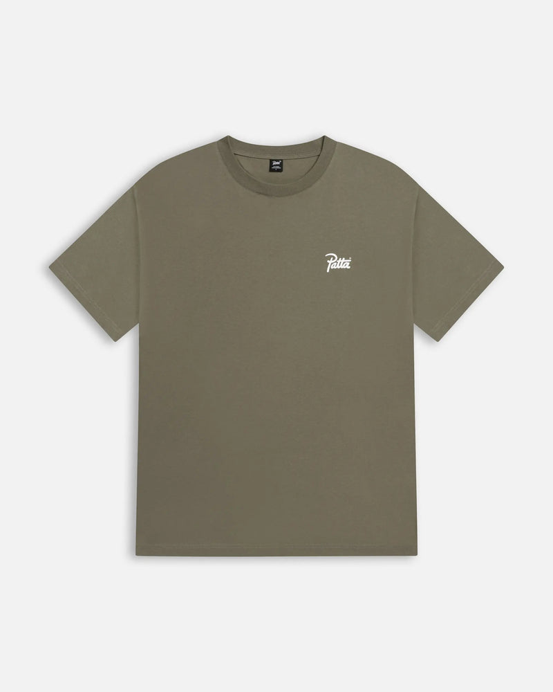 Patta Championship T-Shirt in dusty olive cotton, front view with a white script logo on the chest.