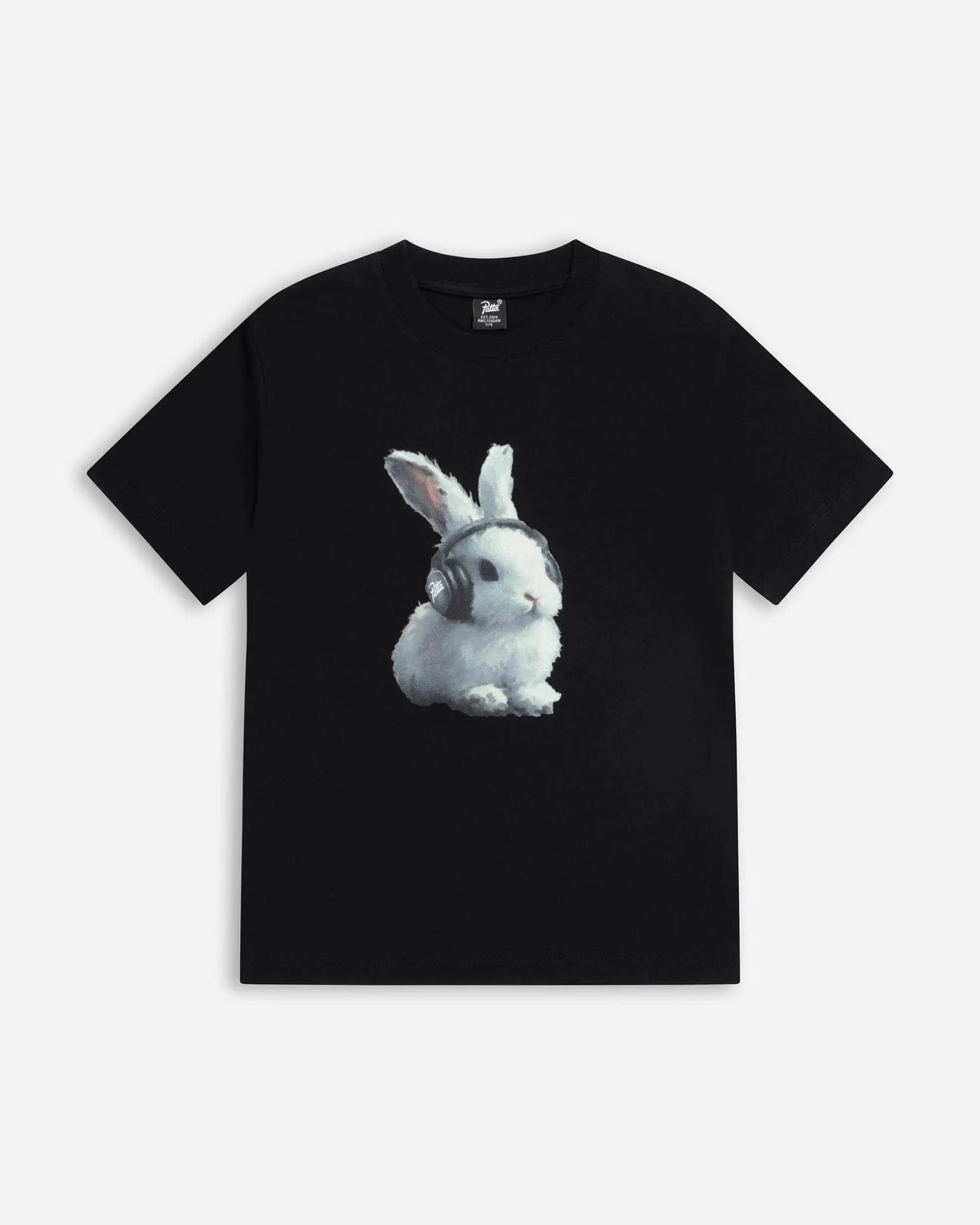 Black Patta Kids Bunny T-Shirt featuring a photo print graphic of a white bunny wearing headphones.