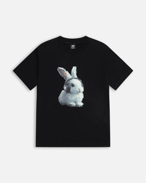 Black Patta Kids Bunny T-Shirt featuring a photo print graphic of a white bunny wearing headphones.