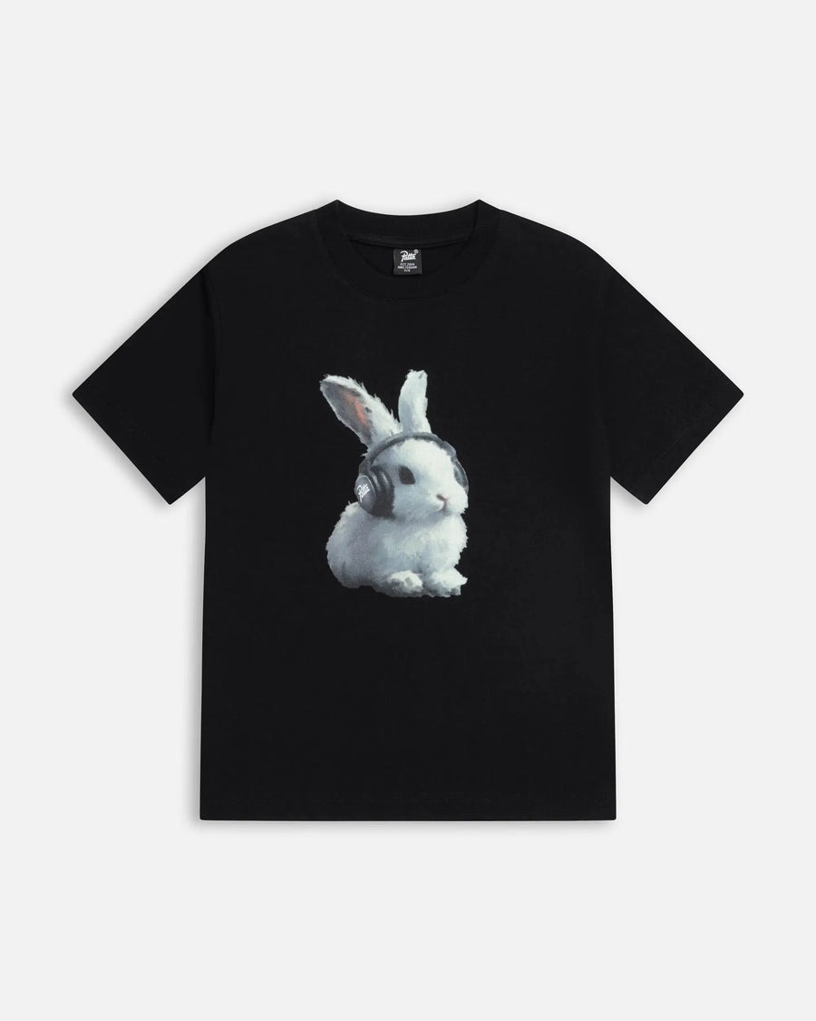 Black Patta Kids Bunny T-Shirt featuring a photo print graphic of a white bunny wearing headphones.