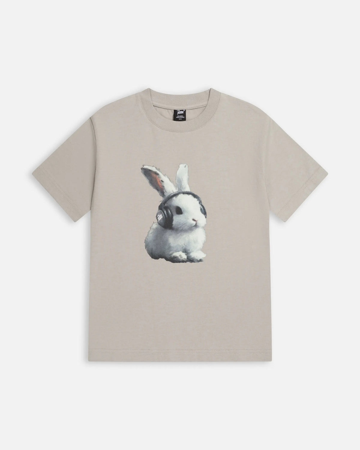 Patta Kids Bunny T-Shirt in Flint Gray featuring a graphic print of a bunny wearing headphones.
