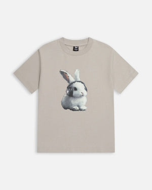 Patta Kids Bunny T-Shirt in Flint Gray featuring a graphic print of a bunny wearing headphones.