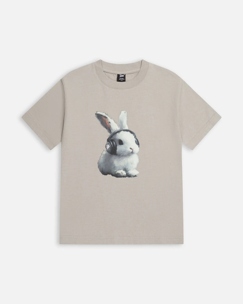 Patta Kids Bunny T-Shirt in Flint Gray featuring a graphic print of a bunny wearing headphones.