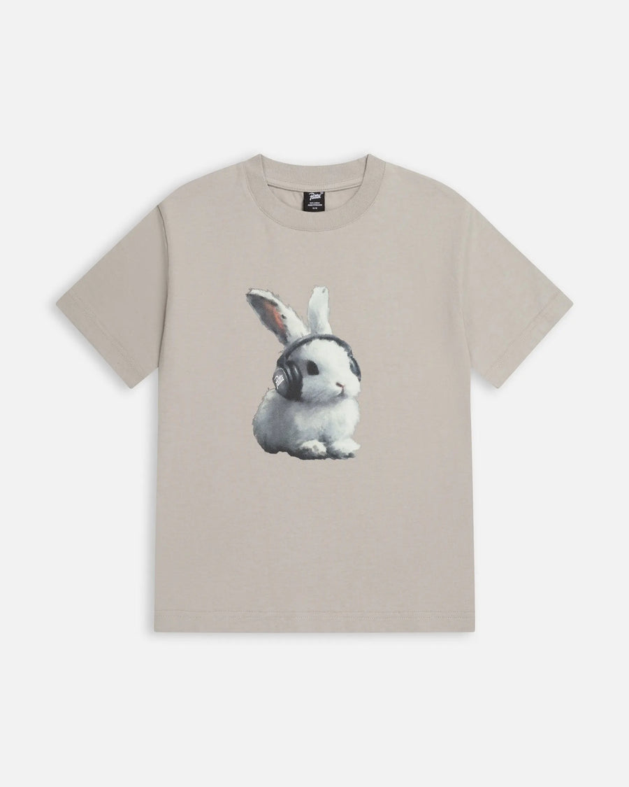 Patta Kids Bunny T-Shirt in Flint Gray featuring a graphic print of a bunny wearing headphones.
