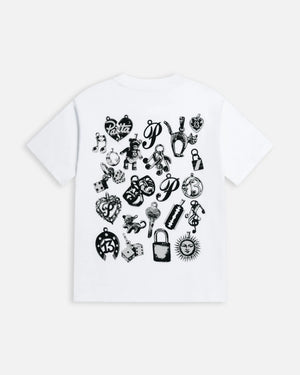 Back view of the white Patta Kids Charm T-Shirt featuring a black charms graphic print.