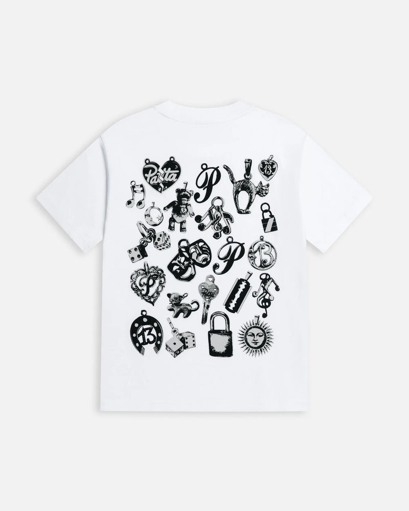 Back view of the white Patta Kids Charm T-Shirt featuring a black charms graphic print.