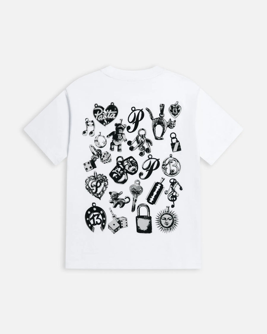Back view of the white Patta Kids Charm T-Shirt featuring a black charms graphic print.