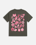 Back of Patta Kids Charm T-Shirt in climbing ivy green with pink charms graphic print.