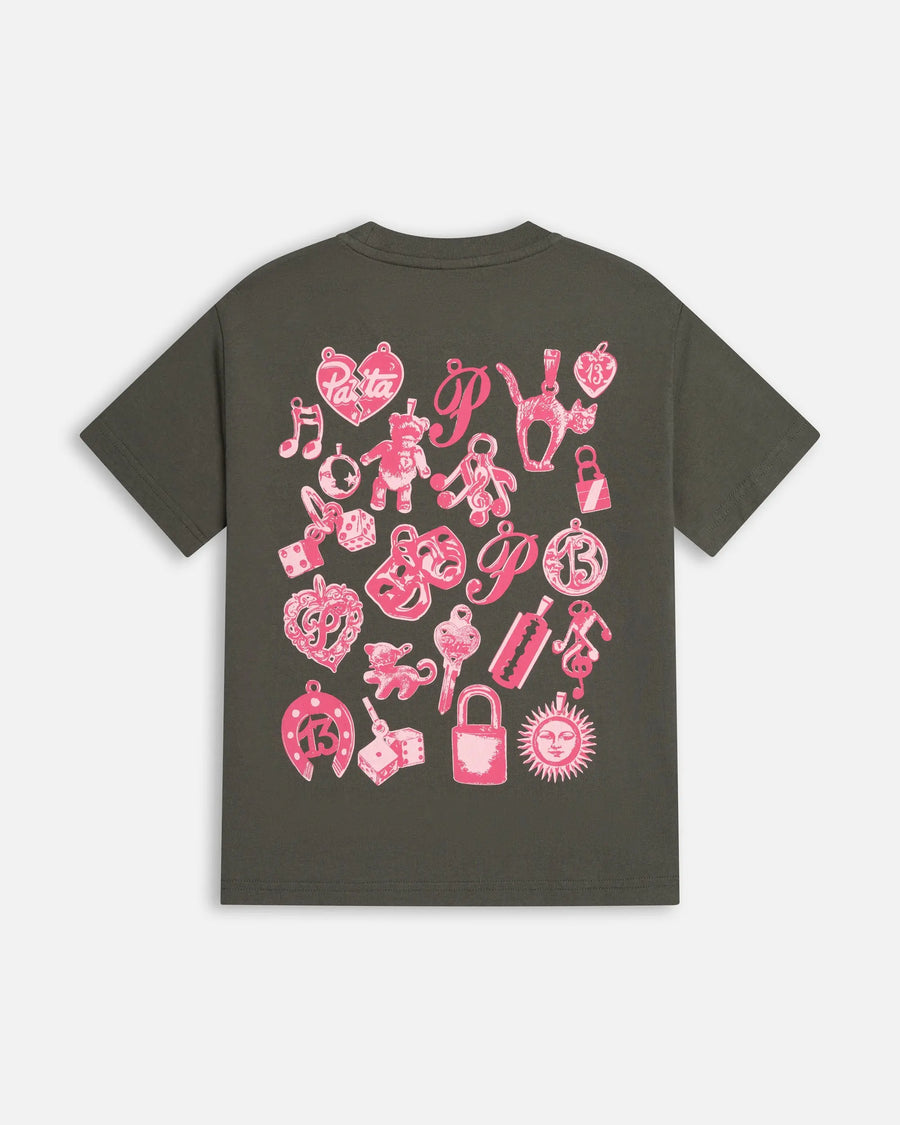 Back of Patta Kids Charm T-Shirt in climbing ivy green with pink charms graphic print.