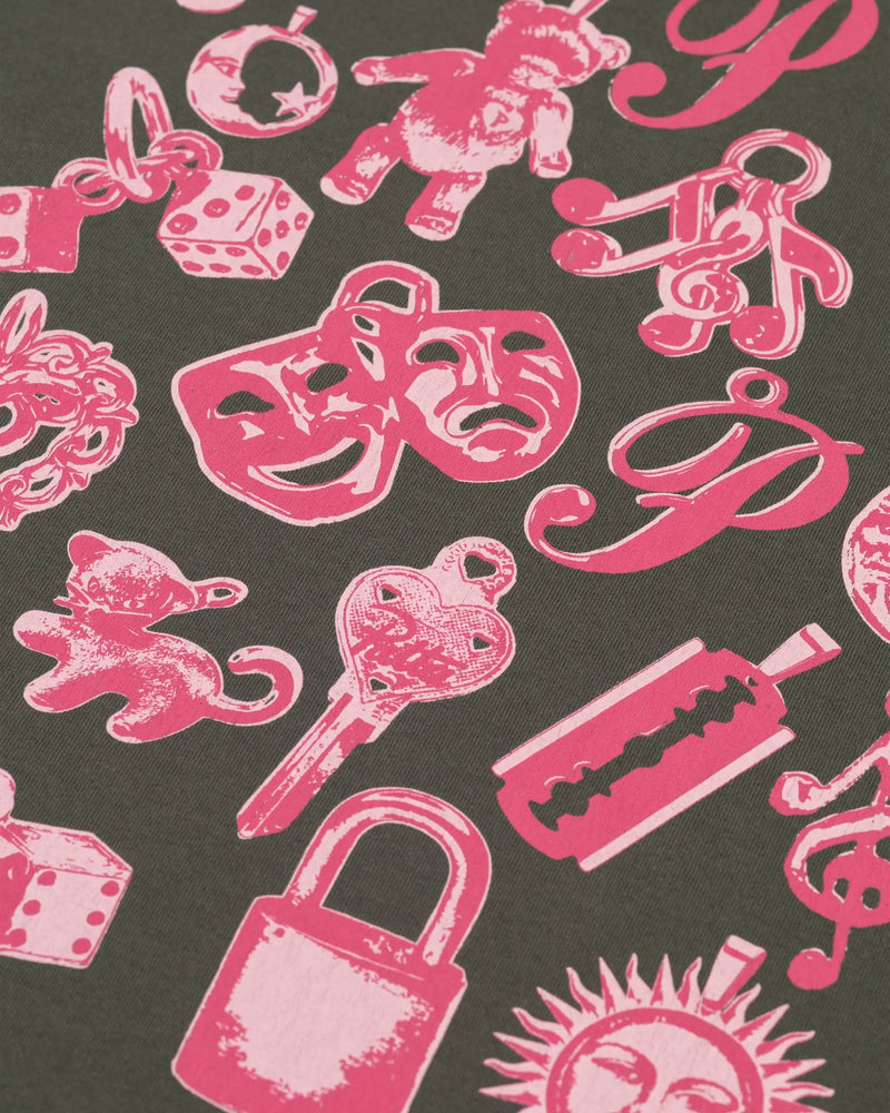 Close-up of the pink charms artwork printed on the Patta Kids Charm T-Shirt in Climbing Ivy.