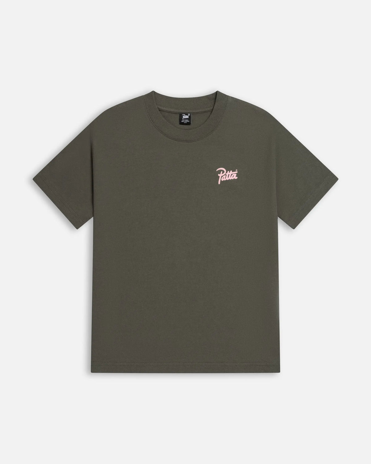 Front view of the Patta Kids Charm T-Shirt in climbing ivy green with a pink script logo.
