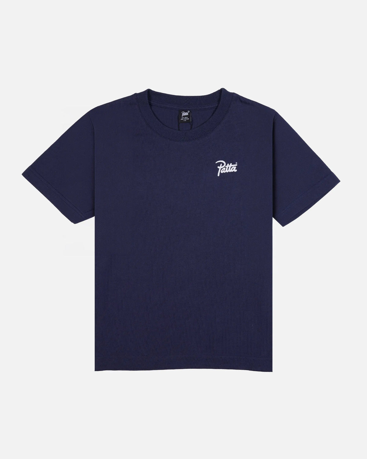 Front view of the Patta Kids Championship T-Shirt in Black Iris navy cotton with a white chest script logo.