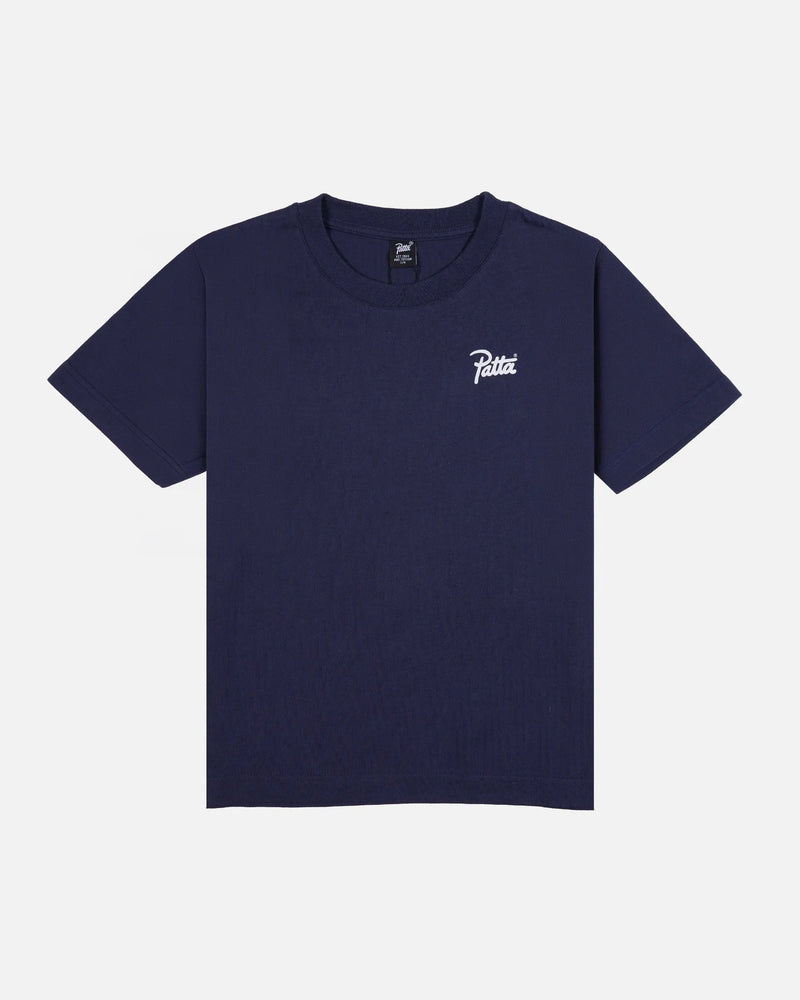 Front view of the Patta Kids Championship T-Shirt in Black Iris navy cotton with a white chest script logo.