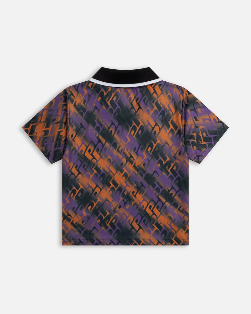 Back view of Patta Kids All Over P Football Jersey featuring an all-over purple and orange pattern.