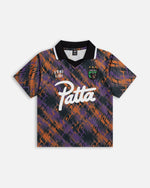 Patta Kids All Over P Football Jersey in pansy and orange with printed script logo, laid flat front view.