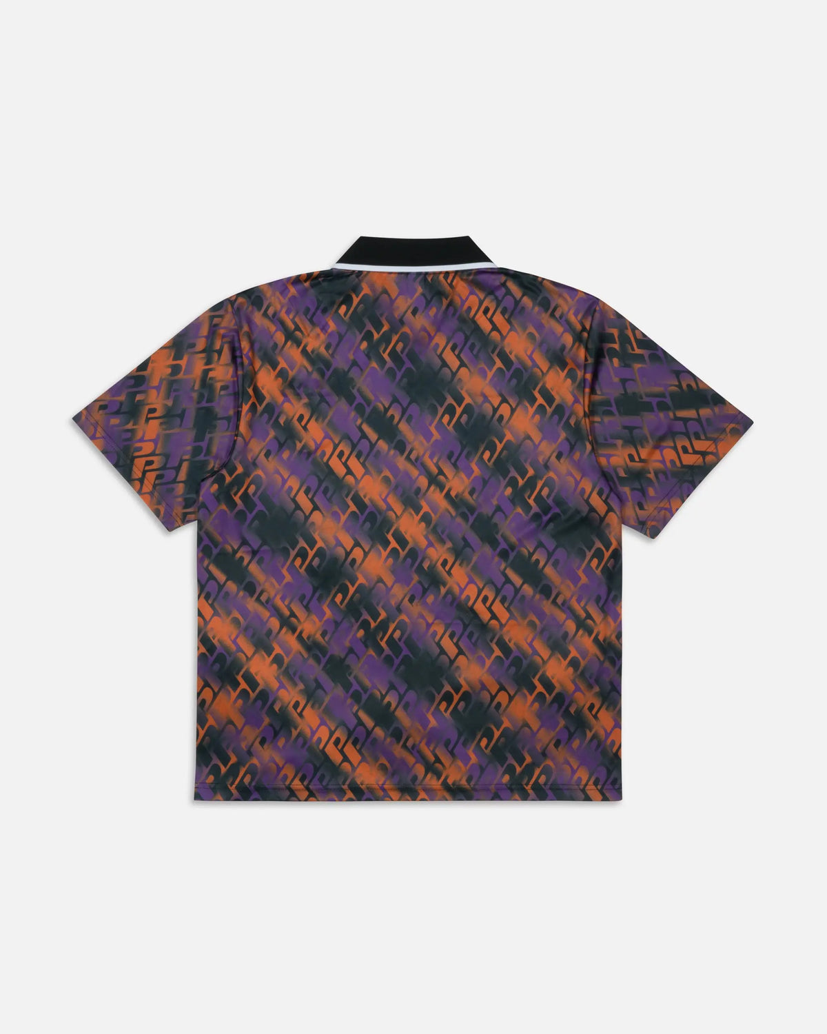 Back view of Patta All Over P Football Jersey in Pansy featuring a purple and orange monogram print.