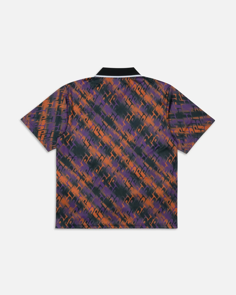 Back view of Patta All Over P Football Jersey in Pansy featuring a purple and orange monogram print.