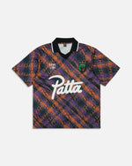 Front view of the Patta All Over P Football Jersey in pansy purple and orange print.