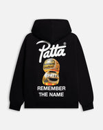 Back view of Patta Kids Championship hooded sweater in black with championship rings print.
