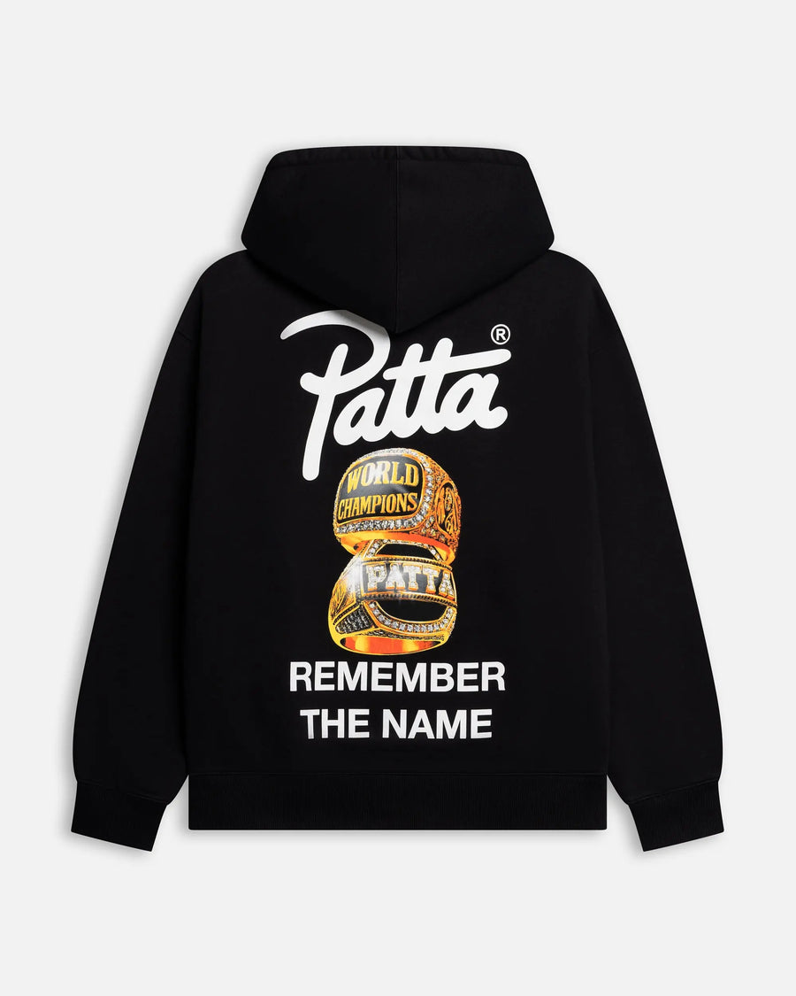 Back view of Patta Kids Championship hooded sweater in black with championship rings print.