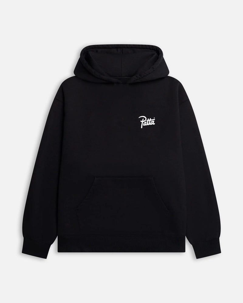 Black Patta Kids Championship Hooded Sweater featuring a white script chest logo and front kangaroo pocket.