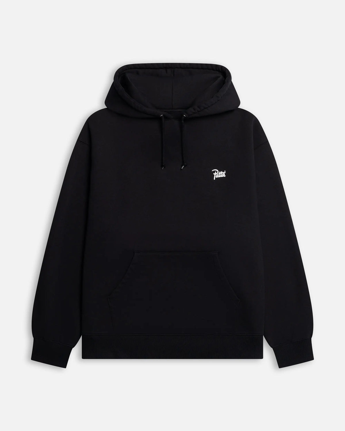 Front view of the black Patta Championship hooded sweater featuring a white chest logo and kangaroo pocket.